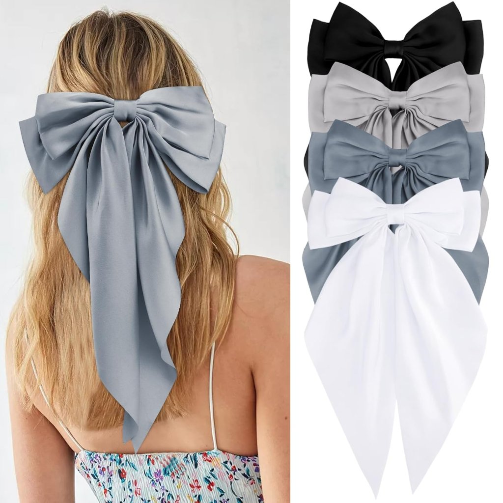 Women's & Girls' 4-Pack Hair Bows - Silky White, Satin Navy Blue, Coquette Grey,